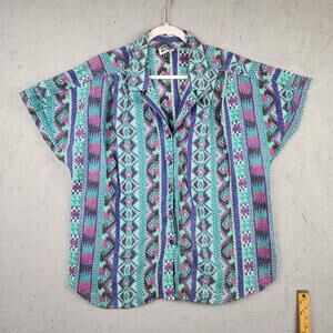 Vintage Tapestry Shirt Womens XL Teal Purple Southwestern Aztec Made In USA 90s